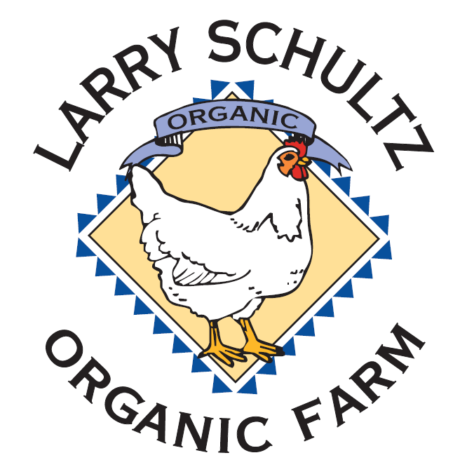 Larry Schultz Organic Farm logo, an illustration of a chicken inside a diamond shape, with the words "LARRY SCHULTZ" above and "ORGANIC FARM" below.